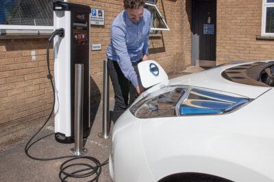 The electric vehicle charging point at T H WHITE's Devizes offices